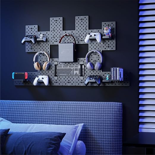 PEGZONE Controller and Headphone Holder Wall Mount, Modular Gaming Pegboard with Accessories, Controller Stand for Xbox PS5 P
