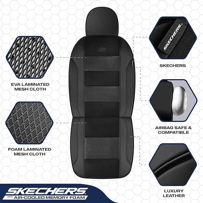 Skechers Men’s Seat Covers, Air-Cooled Memory Foam Car Seat Covers Front Seats, Airbag Compatible,Universal Fit for Most Cars