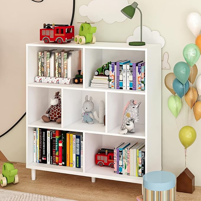 7 Cube Storage Organizer | Bookshelf with Legs|Wall Bookshelf| 3 Shelf Bookcase | -Cubic Storage Cabinet（Storing Books,Toys &