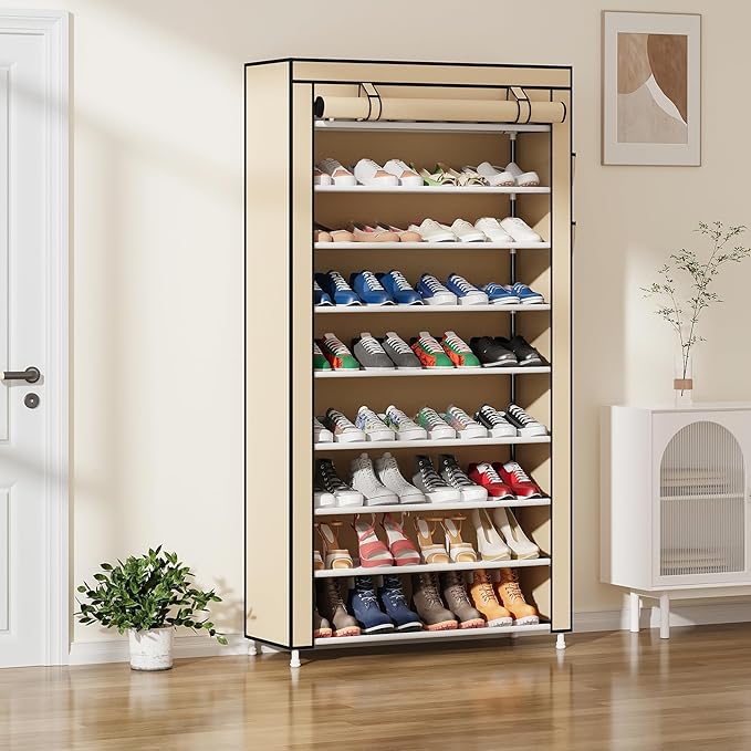Laiensia 9-Tier Shoe Rack ，Space Saving Shoe Storage Organizer Non-Woven Cover Shoe Shelf Holds 36-45 Pairs for Bedroom, Hall