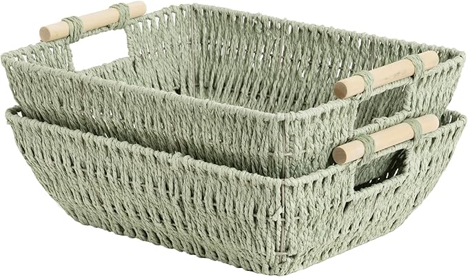 StorageWorks Extra Large Wicker Storage Basket for Organizing with Wooden Handles, Toilet Paper Baskets for Shelf, Bosana Gre