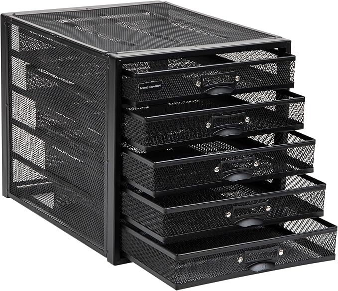 Mind Reader File Storage Drawers, Desk Organizer, Multi-Purpose, Crafts, Office, Metal Mesh, 11"L x 14"W x 11"H, Black, 5 Dra
