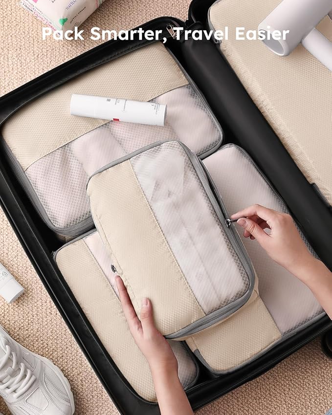 6 Set Compression Packing Cubes for Travel, Bonus Versatile Drawstring Backpack, Lightweight Luggage Organizer Bags, Sturdy T