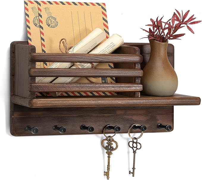 Rebee Vision Pine Wood Key Holder Wall Mount - Farmhouse Mail and Key Holder for Wall with Floating Shelf & 6 Hooks - Decorat