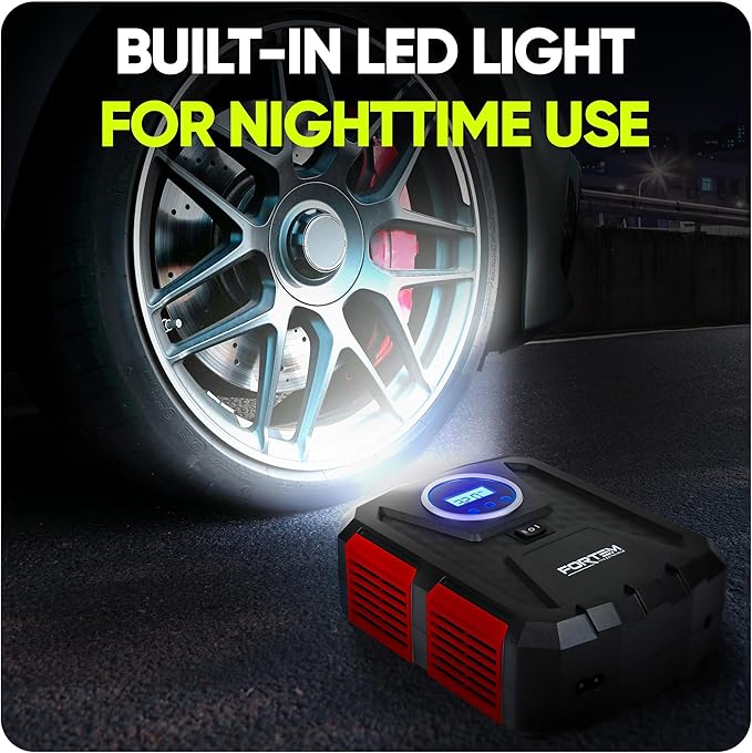 FORTEM Tire Inflator Portable Air Compressor, Air Pump for Car Tires and Bikes, Car Tire Pump w/Auto Shut Off, 150 PSI, 110V AC 12V DC, LED Light, Carrying Case, for Men, Women