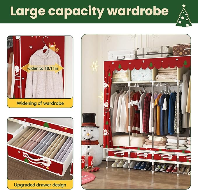 Portable Wardrobe with 4 Drawers Simple Temporary Wardrobe, Armario Portátil,New Oxford Cloth, Christmas Style (Christmas Col