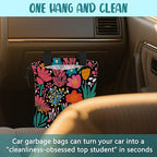 Car Garbage Bag Modern Flower and Green Leaves Hanging Canvas Car Trash Bag Drawstring Car Back Seat Organizer for Car Back Front Seat Console with Adjustable Buckle