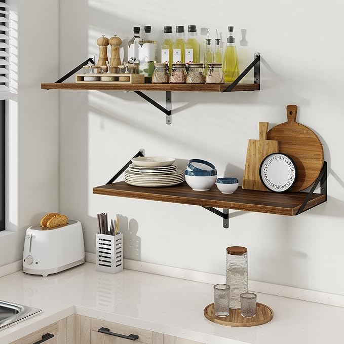 Floating Shelves, 12 Inch Deep Rustic Wood Wall Storage, 36W x 12D Wall Shelves Set of 2, Heavy Duty Metal Brackets, Large In