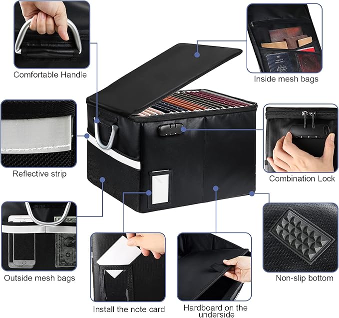 TOMKID Fireproof Document Box, Fireproof File Box with Lids, Important Document Organizer Box with Lock, Portable File Folder
