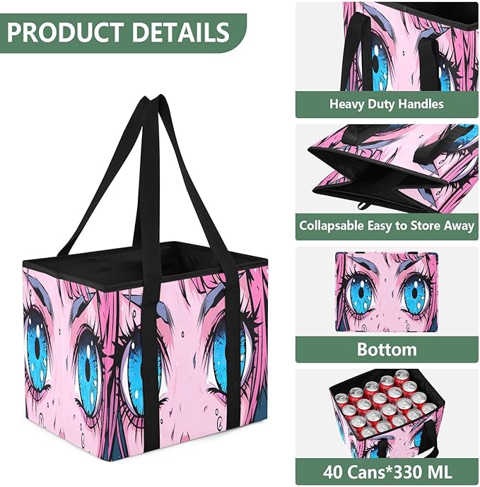 Kawaii Anime Eyes Reusable Grocery Bags Large Shopping Tote Bag with Reinforced Bottom Board, Water Resistant Foldable Storag