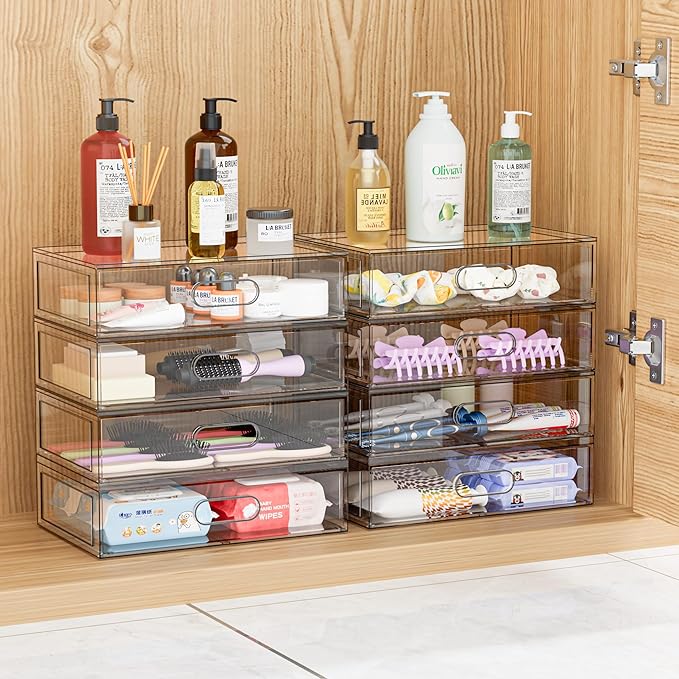 Clear Stackable Makeup Organizer with Drawer, 12''W Acrylic Storage Drawers, Cosmetic Display Case for Vanity Bathroom Counte