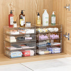 Clear Stackable Makeup Organizer with Drawer, 12''W Acrylic Storage Drawers, Cosmetic Display Case for Vanity Bathroom Counte