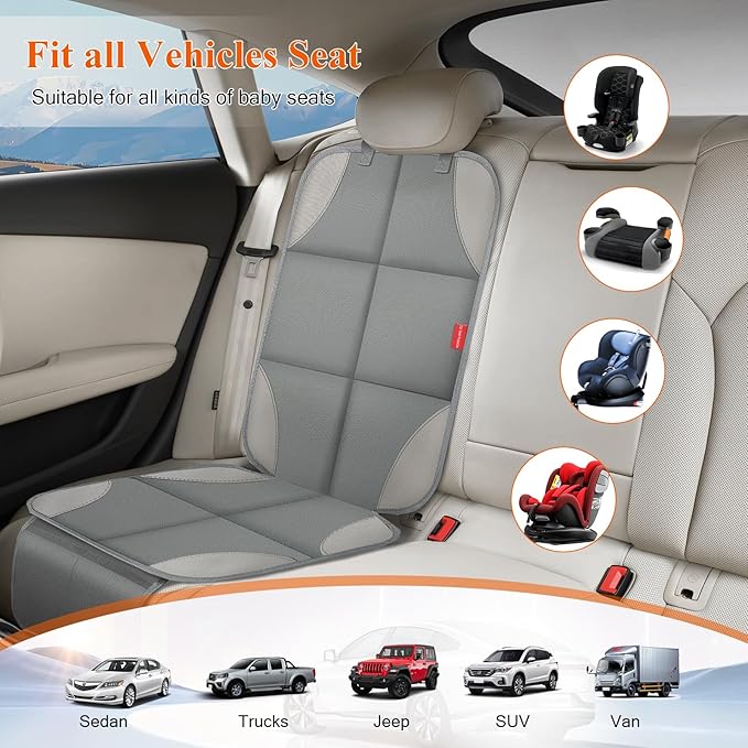 Car Seat Protector, Waterproof 600D Fabric Seat Cushion for Child Car Seat with Thickest Pad, Storage Pockets, Back Car Seat 