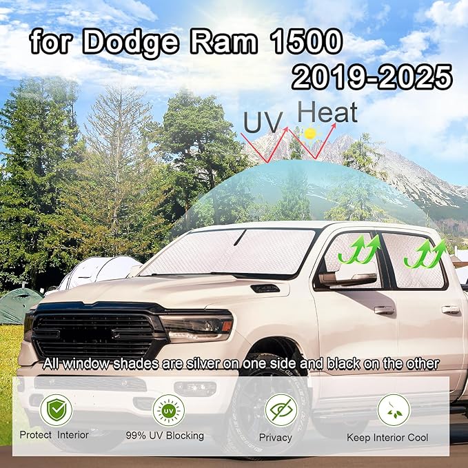 KMF 6pcs Thicken Full Window Sun Shades for Dodge Ram 1500 Crew Cab Accessories 2019-2025, Car Window Covers Sunshade for Windshield Side Rear, Sun Visor UV Block Privacy Blackout for Camping Outdoor