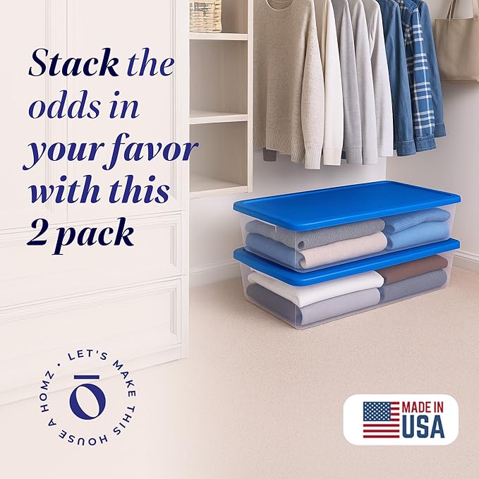 HOMZ 2-Pack Snaplock, Large Clear Plastic Storage Organizer Bins w/Lids, 41 Quart, Blue - Stackable Container Boxes for Bedro
