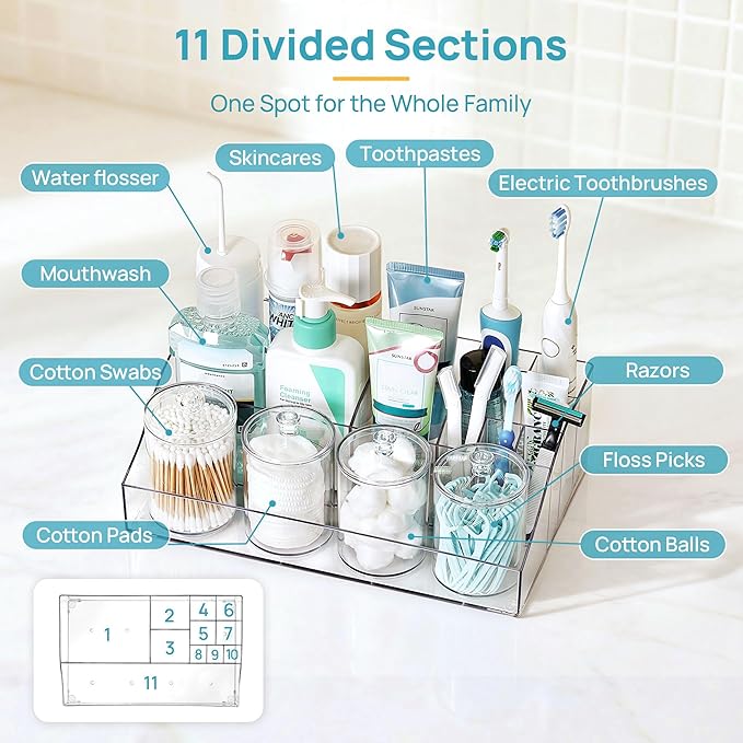 Vtopmart 5 PCS Bathroom Countertop Organizer, 1 Divided Tray with 4 Qtip Holder Jars, Restroom Clear Organizers for Toothbrus