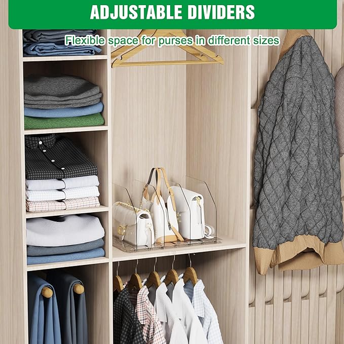 Bag & Purse Organizer for Closet, 2 Sets Adjustable Clear Handbag Storage Shelf, Plastic Clutch Dividers for Closet Organizer
