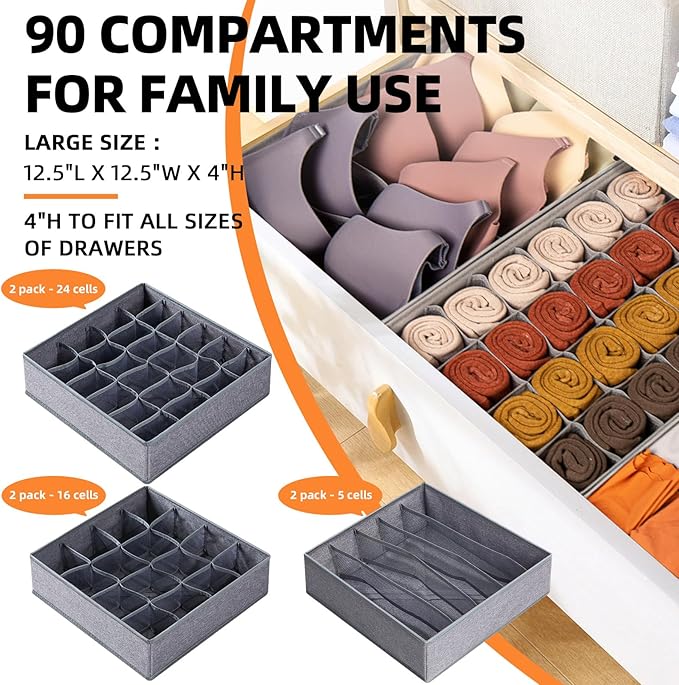Criusia 6 Pack Large Drawer Organizer for Sock Underwear - Washable Heavy Duty Fabric Closet Organizers and Storage Bins - 90