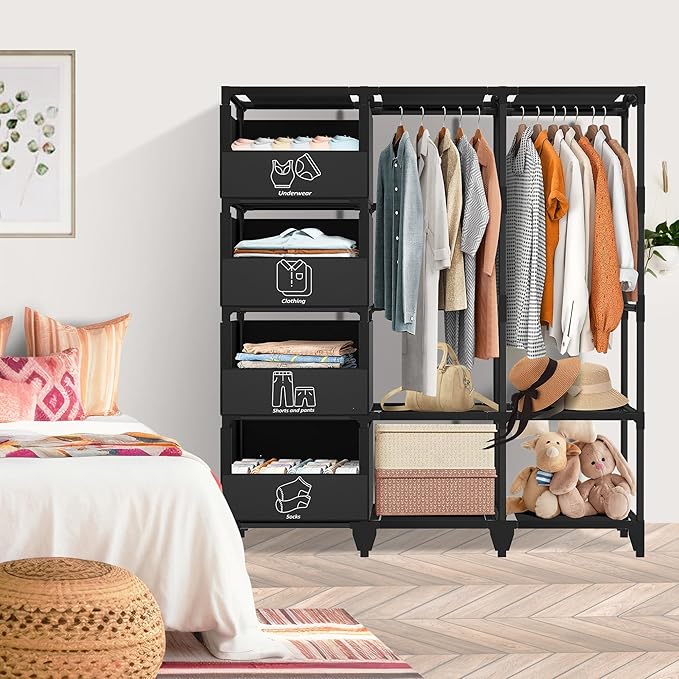 Portable Closet, Easy Assembly, Large Capacity Wardrobe Closet, Sturdy and Stable Clothes Rack with Shelves 4 Storage Baskets