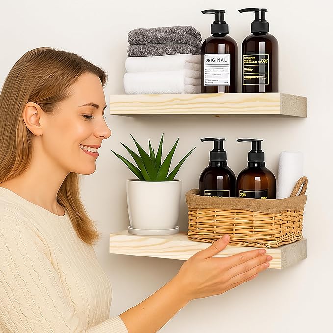 BGMG Wood Floating Shelves for Wall 12 inch Set of 2, Wooden Wall Mount Shelves for Bathroom Living Room Bedroom Kitchen Farm