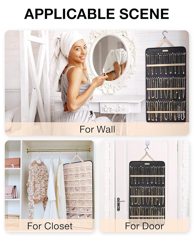 BAGSMART Hanging Jewelry Organizer Storage Roll with Hanger Metal Hooks Double-Sided Jewelry Holder for Earrings, Necklaces, 