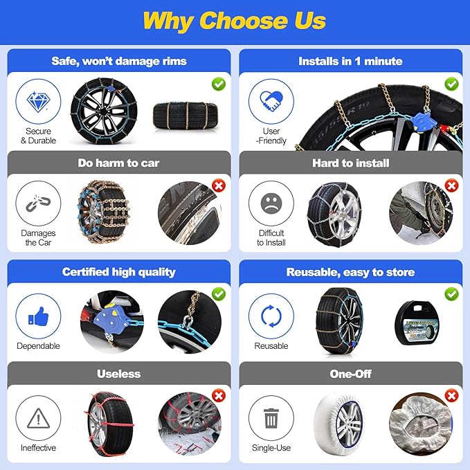 Auto Tightening Snow Chains for Cars, SUVs & Pickup Trucks – 1-Min Quick-Fit Auto Installation, Reusable Universal Emergency 