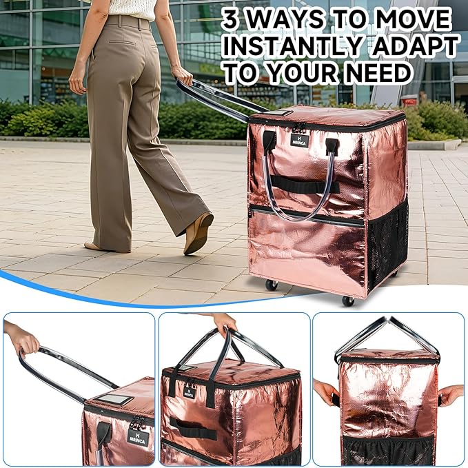 Reusable Grocery Bag on Wheels, 130L Large Capacity Foldable Shopping Trolley Cart with 5 Swivel Wheels, Multiple Pockets, Zipper Closure & Heavy Duty Handles, for Shopping, Travel, Large, Rose Gold
