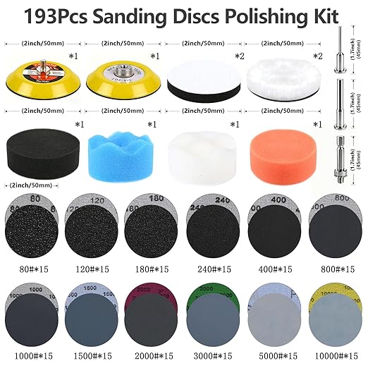 193Pcs 2 Inch Polishing Kit Hook and Loop Sanding Discs, Headlight Restoration Kit - 80 to 10000 Grits Wet Dry Sandpaper Buff