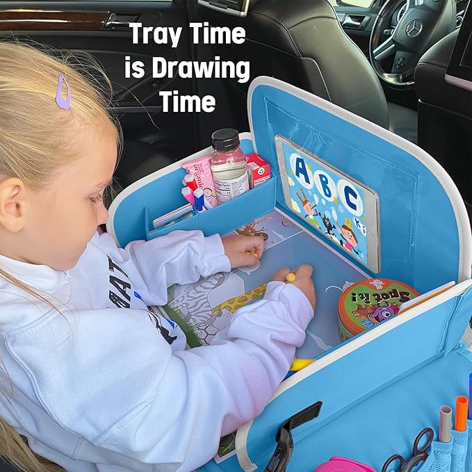 MENZOKE Kids Travel Tray, Car Seat Tray for Kids Travel, Toddler Essentials Girls with Tablet Holder, Road Trip Essentials wi