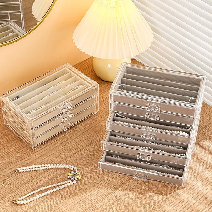 5 Drawerss Necklace Organizer Box, Tray with Clear Lid, Dustproof Velvet Necklaces Holder Storage Display Case, Gery Necklace