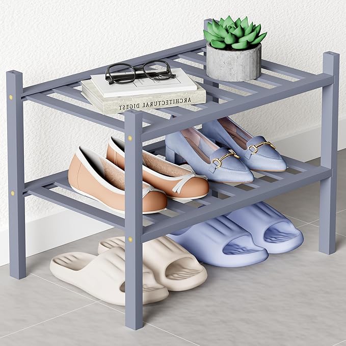 Smiry Bamboo Shoe Rack for Closet, 2 Tier Small Wooden Stackable Shoe Organizer, Free Standing Shoes Storage Shelf for Entryw
