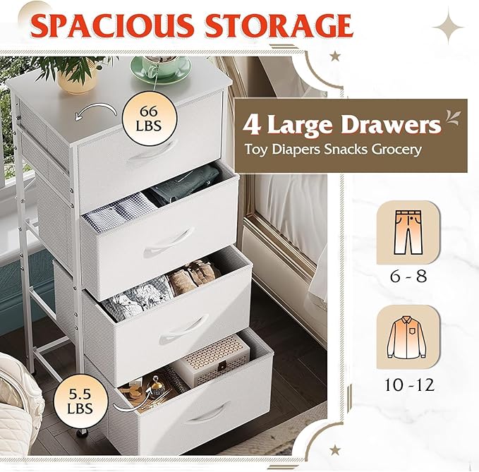 WLIVE Dresser with 4 Drawers, Storage Tower, Organizer Unit, Fabric Dresser for Bedroom, Hallway, Entryway, Closets, Sturdy S