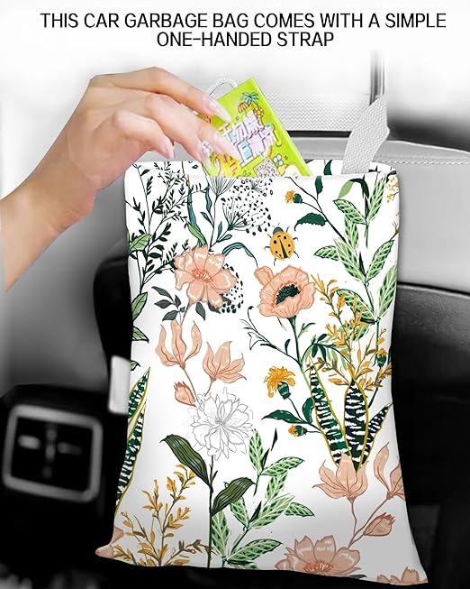 Car Garbage Can, Car Trash Bag, Car Garbage Bag, Hanging Car Trash Can for Car Accessories, Vehicle, Travelling, Camping, Cute Car Back Seat Organizer, White Beautiful Floral