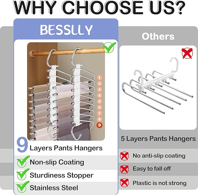 Upgrade 9 Layers Pants Hangers Space Saving, 2 Pack Multifunctional Pants Rack Non Slip Stainless Steel Clothes Space Saver H