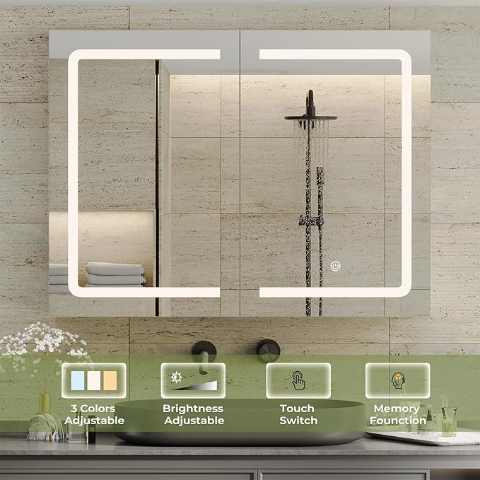 DICTAC Medicine Cabinet with Mirrors and Storage 31.5''x23.6'' Wall Mounted Bathroom Mirror Cabinets with Led Lights Double D