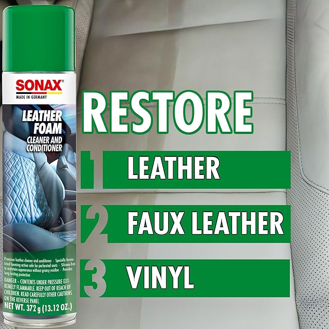 SONAX Leather Foam 289300 | 2 in 1 Aerosol Leather Cleaner and Conditioner | Safe to Use on Perforated Air Conditioned/Heated