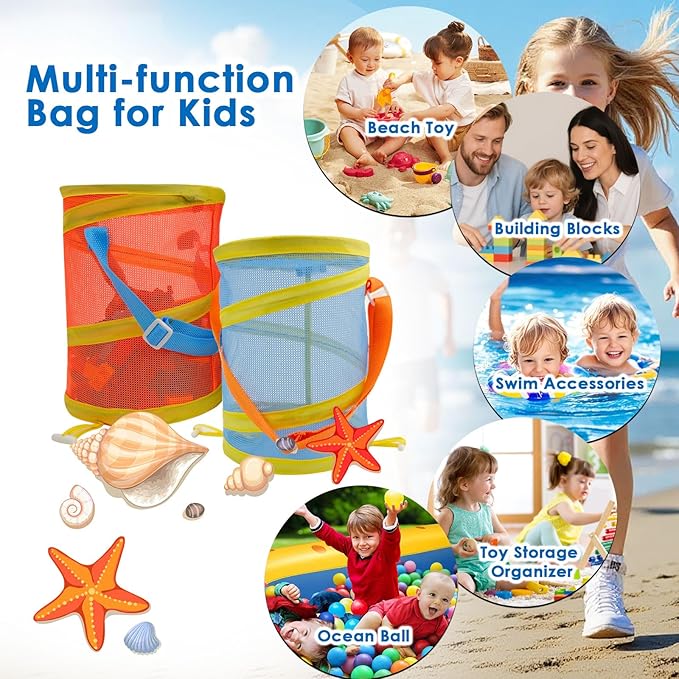 2Pcs Foldable Toy Storage Bag, Large Capacity Sea Shell Bags for Beach (10.5L/2.77Gallon), Portable Toy Storage Bag with Zipp