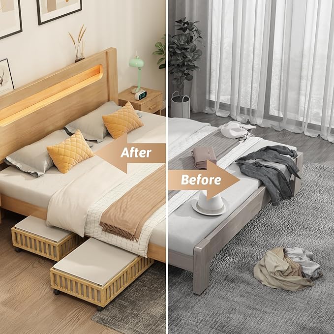 Bamboo Under Bed Storage Containers with Wheels, 2 Pack Under the Bed Shoe Storage Bins, Wood Rolling Underbed Drawers with B