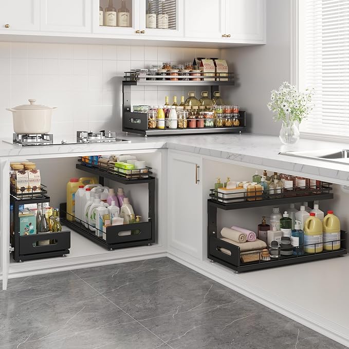 Under Sink Organizer Upgrade To Professional Rails,2-Tier Dual Pull Out Cabinet Storage,Height Adjustable Slide Out Drawers F