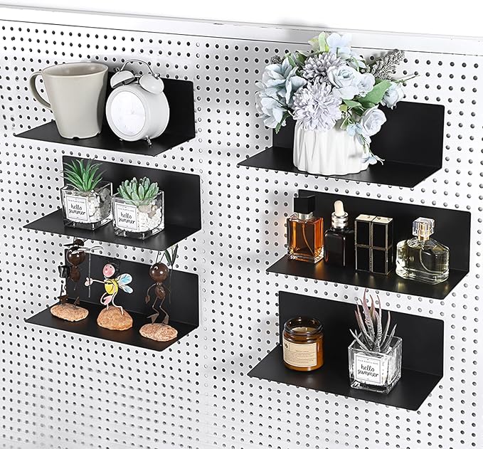 Kokone 6 Pack Magnetic Pegboard Shelves for Storing or Displaying, 10x4.3 Inch Flat Display Shelves for Pegboard, Wall Pegboa