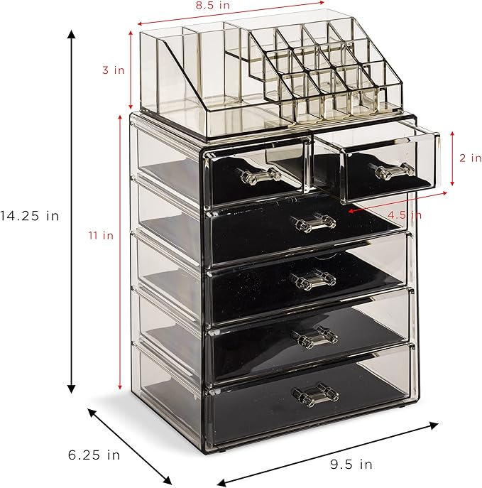 Sorbus Acrylic Makeup Organizer Set, 6-Drawer Vanity & Countertop Cosmetic Storage with Small & Wide Compartments, Black-Tint