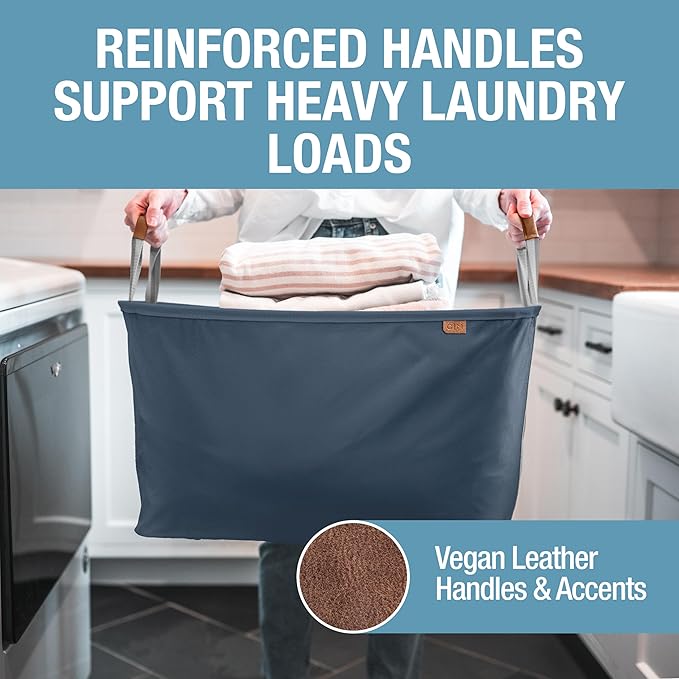 CleverMade Collapsible Laundry Basket LUXE 2 Pack – 60 L (16 Gal) Foldable Cotton Blend Clothes Hamper with Vegan Leather Acc