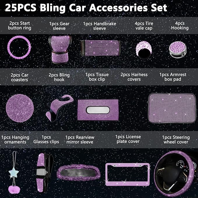 25PCS Bling Car Car Accessories Set,15 Inch Steering Wheel Cover,Shiny License Plate Frame,Center Console Cover and Rearview Mirror Set and Other Car Accessories(Purple)