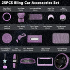25PCS Bling Car Car Accessories Set,15 Inch Steering Wheel Cover,Shiny License Plate Frame,Center Console Cover and Rearview Mirror Set and Other Car Accessories(Purple)