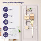 SWTYMIKI Over The Door Purse Organizer - Wall Mounted Handbag Organizer with 10 Hooks and Metal Basket, Hanging Purse Storage
