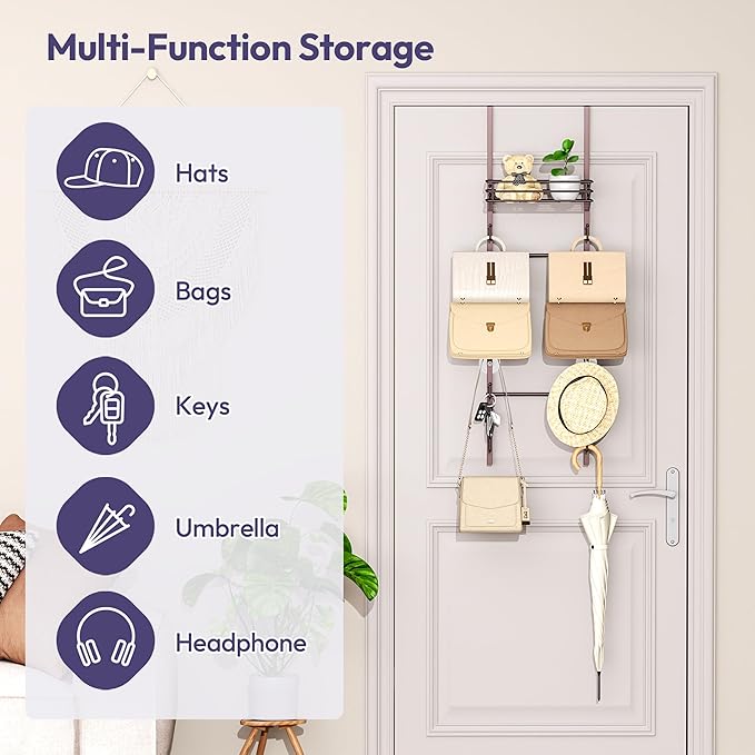 SWTYMIKI Over The Door Purse Organizer - Wall Mounted Handbag Organizer with 10 Hooks and Metal Basket, Hanging Purse Storage