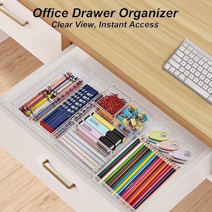 SMARTAKE 25-Piece Drawer Organizer with Non-Slip Silicone Pads, 4-Size Desk Drawer Organizer Trays Storage Tray for Makeup, J