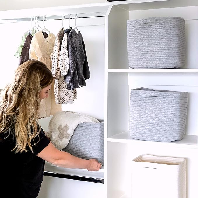 NaturalCozy Storage Cubes 11 Inch Cotton Rope Woven Baskets for Organizing, 3-Pack | Cube Storage Bin | Square Storage Basket