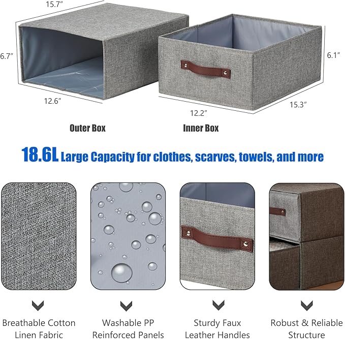 Closet Drawer Organizer Stackable Fabric Storage Boxes Bins Baskets with Lid PU Leather Handles Foldable Washable Cotton Line