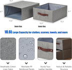 2PCS Closet Drawer Organizer Stackable Fabric Storage Boxes Bins Baskets with Lid PU Leather Handles Foldable Washable Cotton